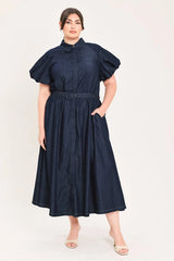 Flying Tomato Plus Size Bubble Sleeve Denim Midi Dress - DARK DENIM
