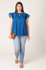 FLYING TOMATO Plus Size Front Tie Solid Woven Top - Navy Ivory