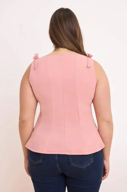 WOJCOR Plus Size Sleeveless Peplum Blouse with Waist and Shoulder Bow Detail