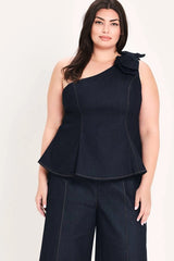 Flying Tomato Plus Size One Shoulder Denim Top - Dark Denim