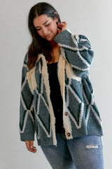 Plus - Diamond Pattern Boucle Collared Button Front Cardigan - Teal