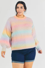 Davi & Dani Plus - Stripe Balloon Sleeve Sweater - Pastel Ombre