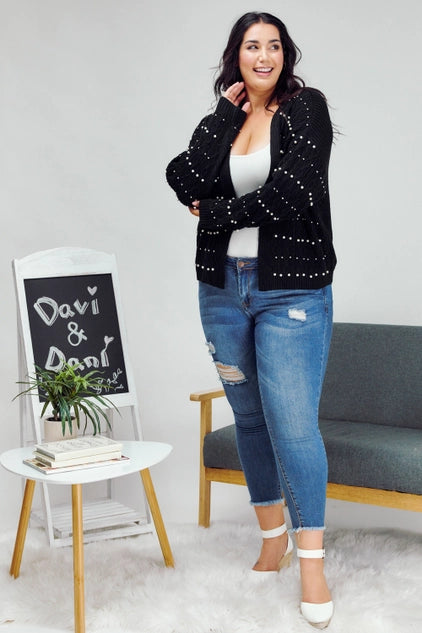 Davi & Dani Plus - Pearl Embellished Open Front Sweater Cardigan - Black