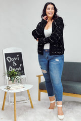 Davi & Dani Plus - Pearl Embellished Open Front Sweater Cardigan - Black