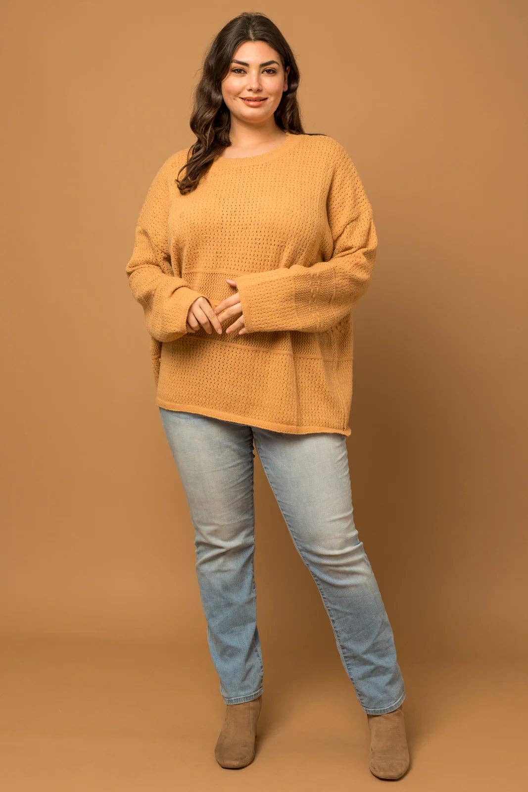 GILLI Plus Size Relax Fit Knit Texture Caramel Sweater - Caramel