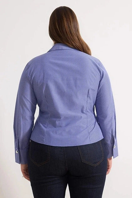 WOJCOR Plus Size Striped Woven Shirt with Silver Button Detail - Navy