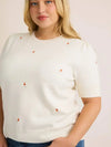Gilli Plus Size Orange Floral Embroidered Short Sleeve Knit Top - Cream