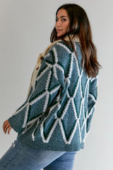 Plus - Diamond Pattern Boucle Collared Button Front Cardigan - Teal