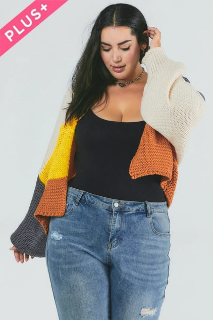 Davi & Dani Plus - Color Block Chunky Knit Balloon Sleeve Cardigan - Grey Combo
