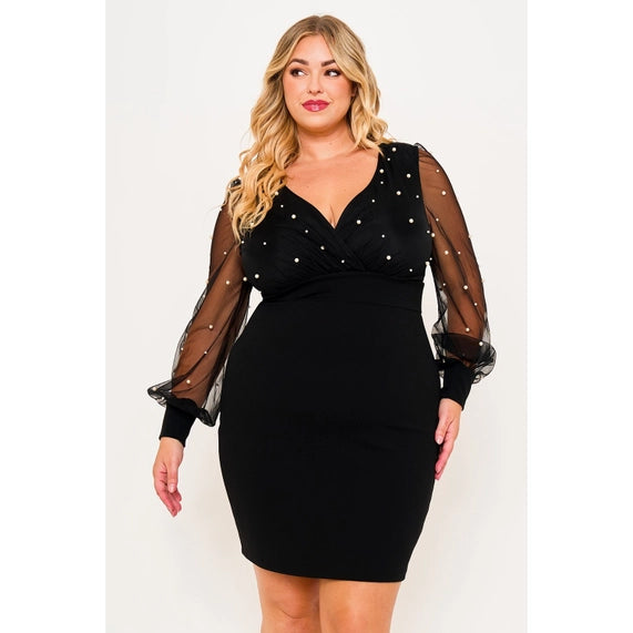 DORCAS Plus Size Pearl Beaded On Mesh Mini Dress