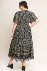 Flying Tomato Plus Size V neckline Woven Lace Midi Dress - Black