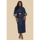 DORCAS Plus Elastic Belt Midi Stretch Denim Dress