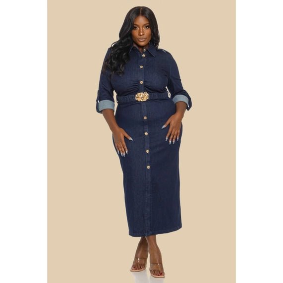 Plus Elastic Belt Midi Stretch Denim Dress