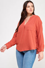 Haute Fox Plus Size V-Neck Back Button Down Long Sleeve Top