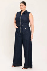 Flying Tomato Plus Size Front Zipper Denim Jumpsuit - Dark Denim