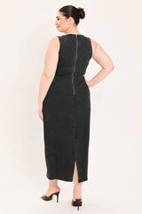 Flying Tomato Plus Size Square Neckline Washed Denim Midi Dress - Black