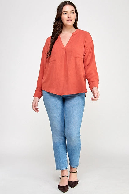 Haute Fox Plus Size V-Neck Back Button Down Long Sleeve Top