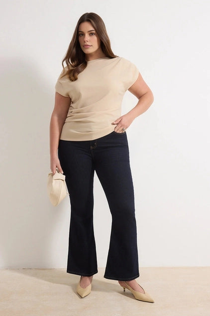 WOJCOR Plus Size Draped Detail Asymmetrical Collar Knitted Blouse