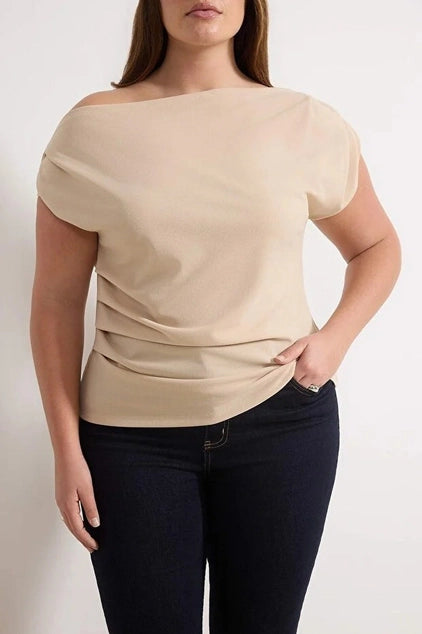 WOJCOR Plus Size Draped Detail Asymmetrical Collar Knitted Blouse