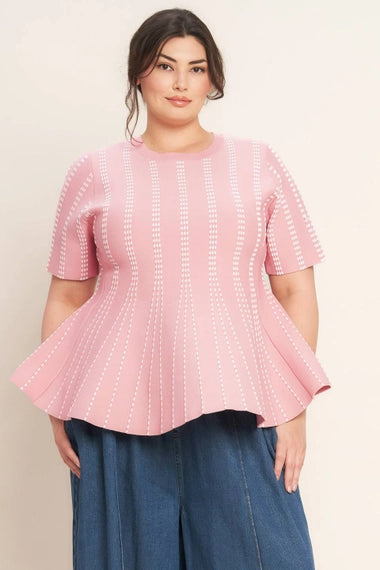 FLYING TOMATO Plus Size Peplum Jacquard Sweater Top - Pink White