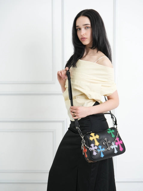 Bessie London Cross Appliqué Shoulder Bag - Black