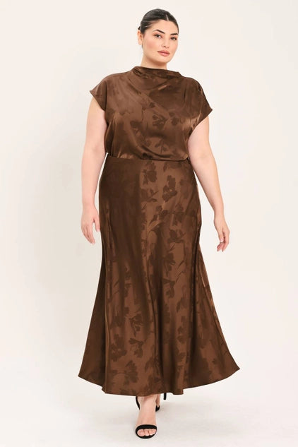 Flying Tomato Plus Size Jacquard Midi Skirt - Brown