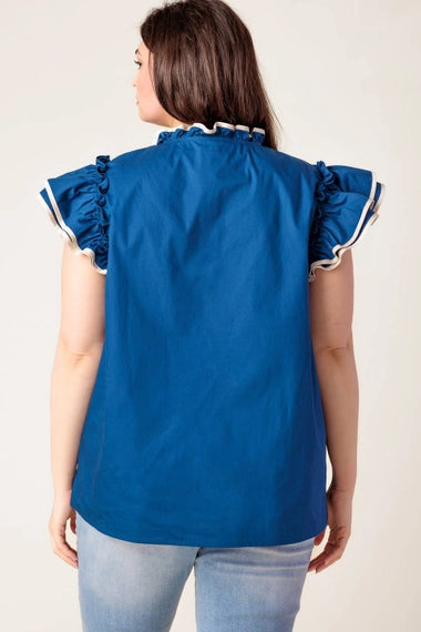 FLYING TOMATO Plus Size Front Tie Solid Woven Top - Navy Ivory