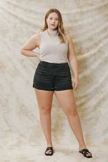 Kan Can USA Plus High Rise Frayed Hem Distressed Denim SHORTS - Black