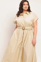 Flying Tomato Plus Size Cuffed Sleeve Woven Midi Dress - Taupe