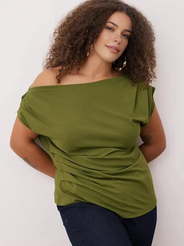 WOJCOR Plus Size Draped Detail Asymmetrical Collar Knitted Blouse
