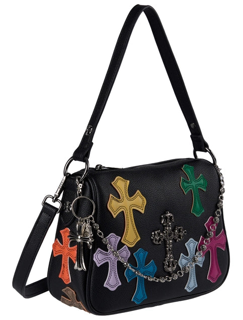 Bessie London Cross Appliqué Shoulder Bag - Black