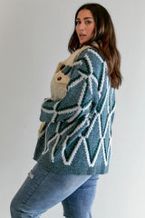 Plus - Diamond Pattern Boucle Collared Button Front Cardigan - Teal
