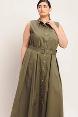 Flying Tomato Plus Size Full Circle Solid Woven Midi Dress - Olive