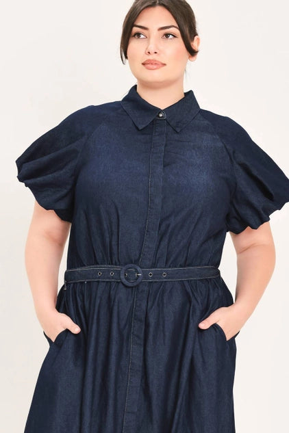 Flying Tomato Plus Size Bubble Sleeve Denim Midi Dress - DARK DENIM
