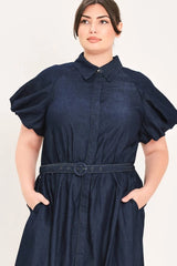 Flying Tomato Plus Size Bubble Sleeve Denim Midi Dress - DARK DENIM