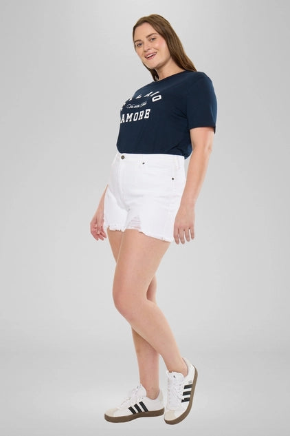 Kan Can USA Plus High Rise Distressed SHORTS - White