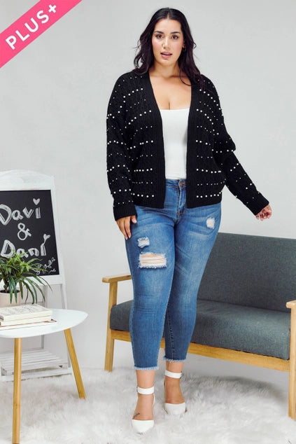 Davi & Dani Plus - Pearl Embellished Open Front Sweater Cardigan - Black