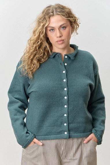 Polagram Plus Size Sweater Cardigan with Collar - Hunter Green