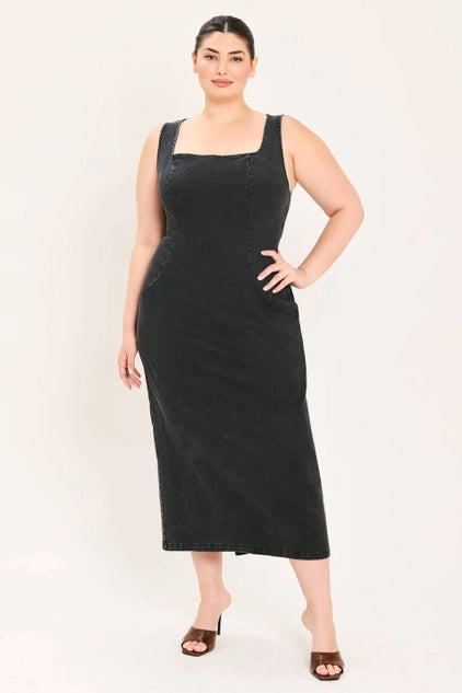Flying Tomato Plus Size Square Neckline Washed Denim Midi Dress - Black