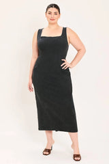 Flying Tomato Plus Size Square Neckline Washed Denim Midi Dress - Black