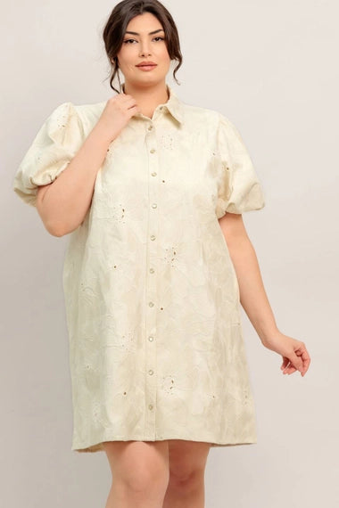 Flying Tomato Plus Size Button Down Textured Woven Mini Dress - Cream
