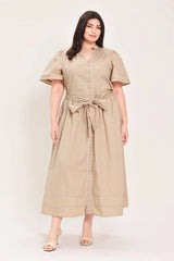Flying Tomato Plus Size Self Sash Tie Contrasting Woven Midi Dress - Taupe
