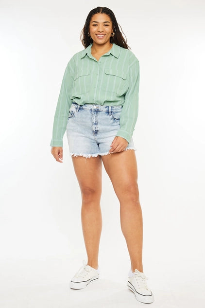 Kan Can USA Plus High Rise Mom Fit Denim SHORTS - Light Blue