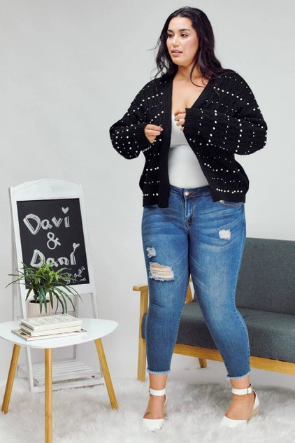 Davi & Dani Plus - Pearl Embellished Open Front Sweater Cardigan - Black