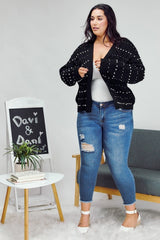 Davi & Dani Plus - Pearl Embellished Open Front Sweater Cardigan - Black