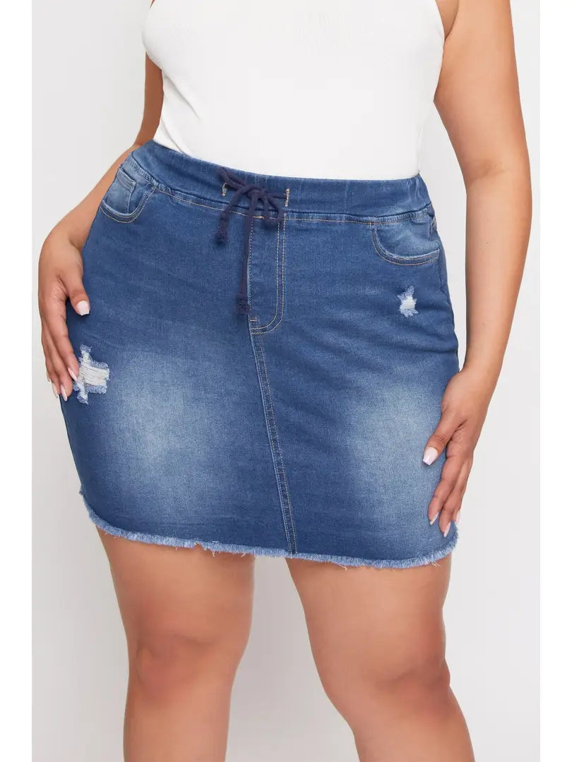 YMI Plus Pull On Fray Hem Skirt - Medium Wash
