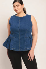 FLYING TOMATO Plus Size Peplum Washed Denim Top - Medium Indigo