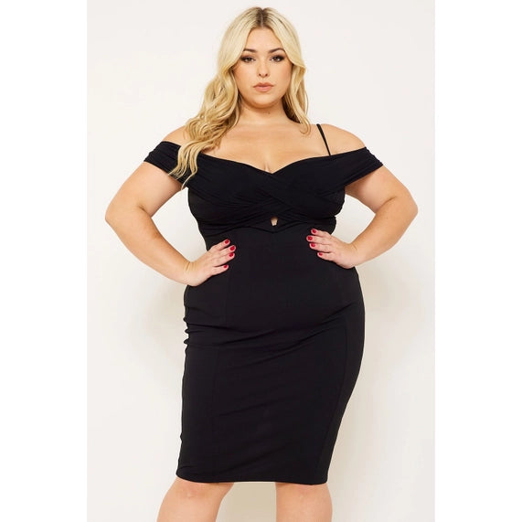 DORCAS Pleated Detail Open Shoulder Plus Size Mini Dress - Black