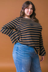 FLYING TOMATO Plus Size Stripe Ruffle Sleeve Top - Black