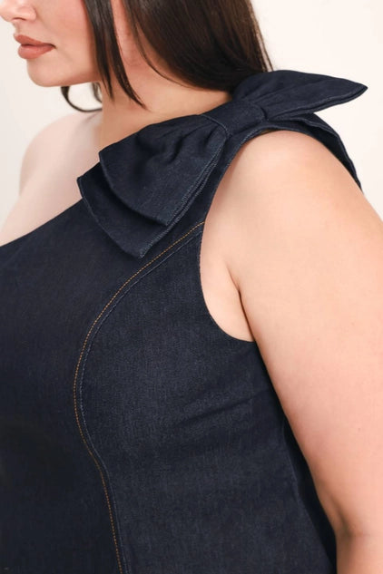 Flying Tomato Plus Size One Shoulder Denim Top - Dark Denim